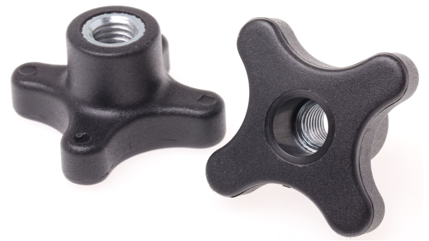 RS PRO Black 4-Arm Clamping Knob, M10, Threaded Through Hole