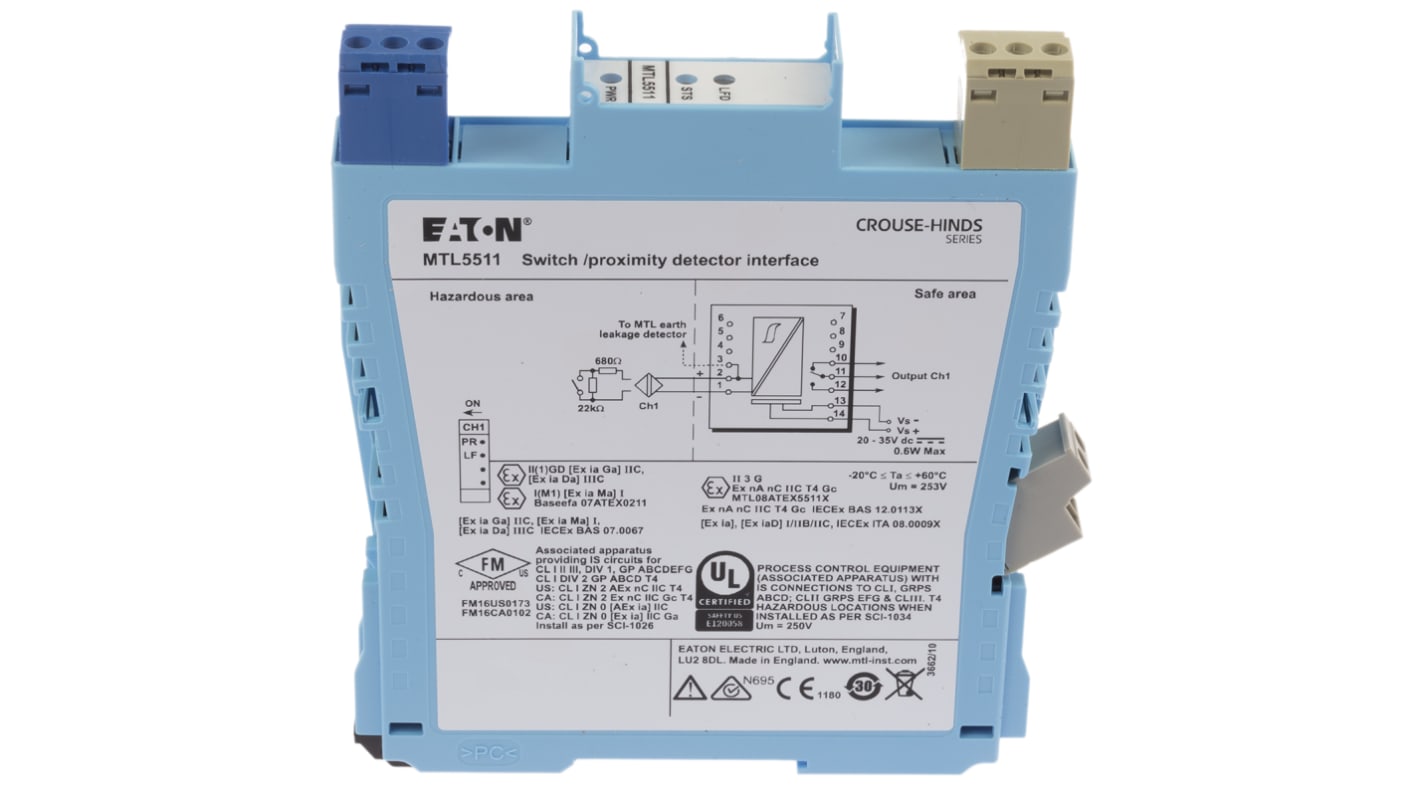 Eaton 1 Channel Zener Barrier, Switch/Proximity Detector Interface, NAMUR Sensor, Switch Input, Relay Output, ATEX