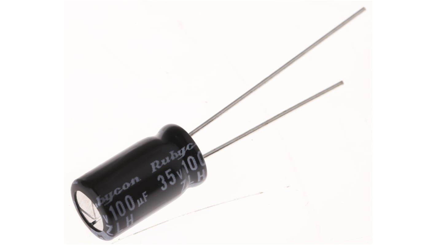 Rubycon 100μF Aluminium Electrolytic Capacitor 35V dc, Radial, Through Hole - 35ZLH100MEFC6.3X11