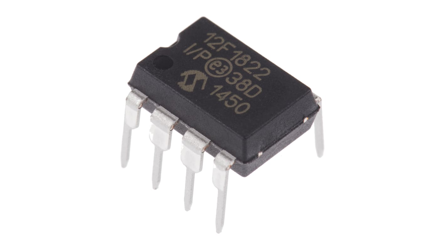 Microchip PIC12F单片机, PIC内核, 8针, PDIP, 最大32MHz, 2K x 14 字，256 B 闪存, 128 B RAM