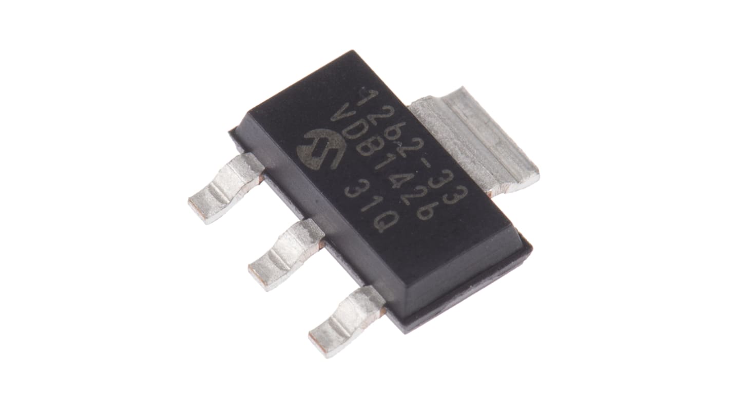 Microchip LDO稳压芯片, 3.3 V输出, 500mA最大输出, 单路输出, SOT-223, 3+Tab针, 贴片安装, -40 °C→+125 °C, ±0.5%精度