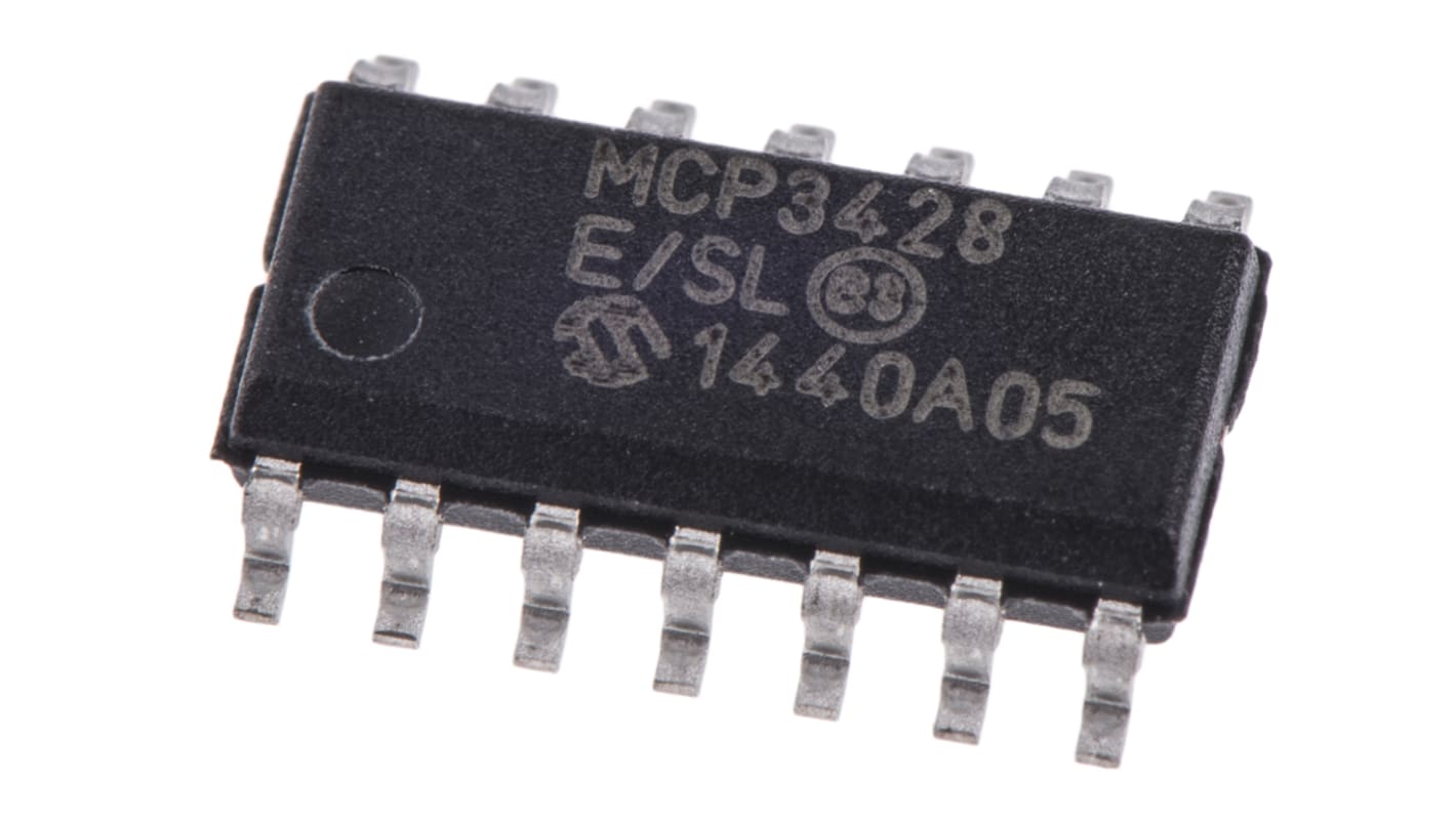 ADC MCP3428-E/SL, Quad, 16 bits, 0.015ksps, SOIC, 14 pines