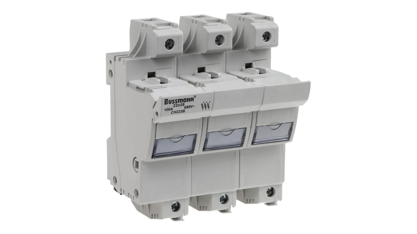Portafusibles para montaje en carril Eaton 100A para 22 x 58mm 3P Polos 690V ac