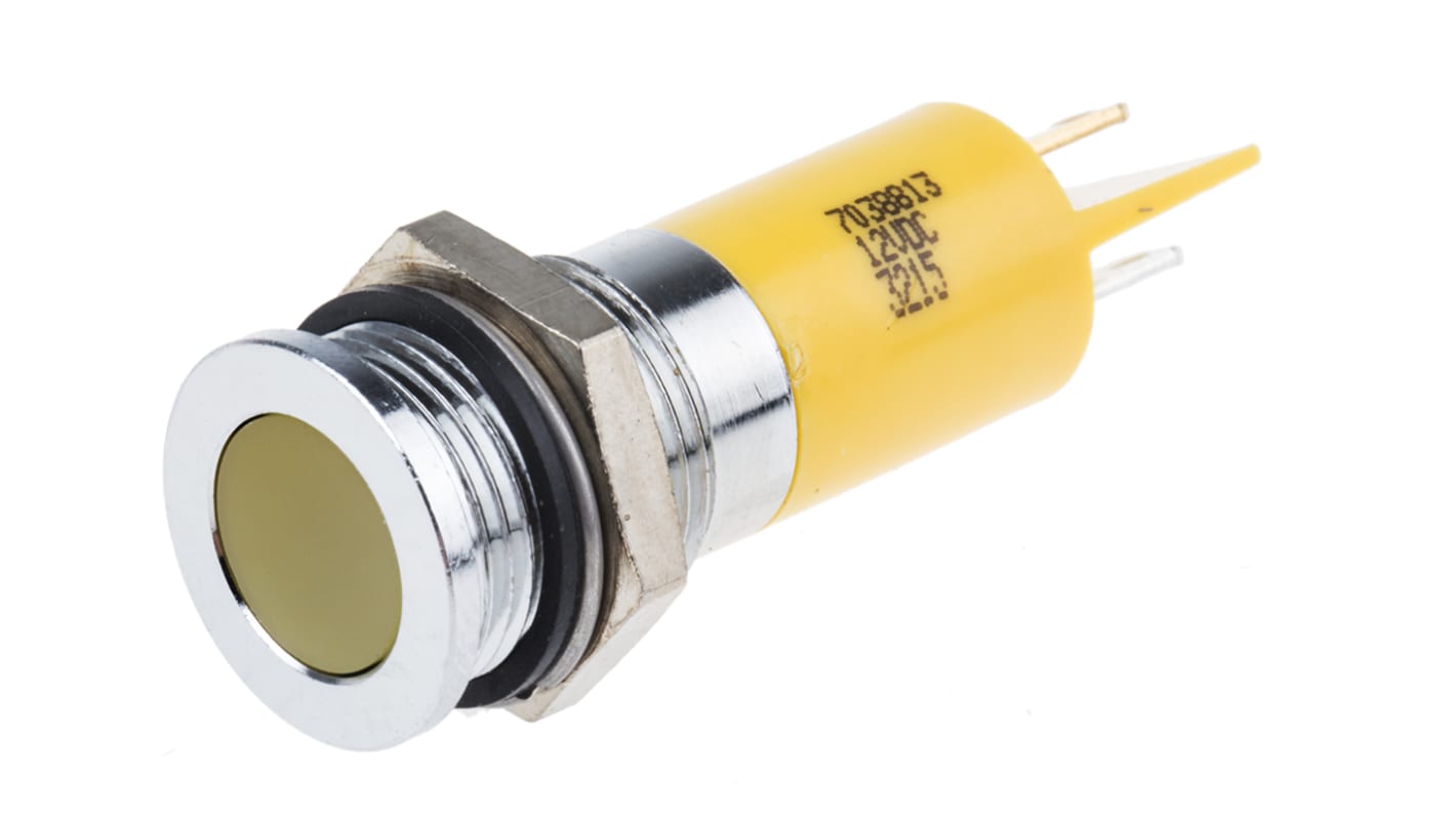 Lampka kontrolna do montażu panelowego 12V dc, Żółta 14mm LED Chrom Końcówka lutownicza RS PRO