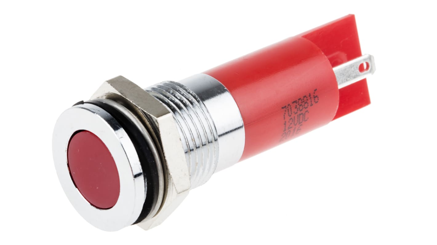 Lampka kontrolna do montażu panelowego 12V dc, czerwona 14mm LED Chrom Końcówka lutownicza RS PRO
