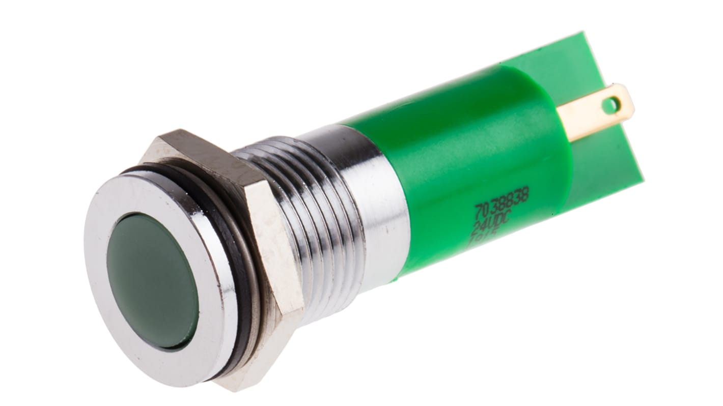 RS PRO Green Panel Mount Indicator, 24V dc, 14mm Mounting Hole Size, Solder Tab Termination, IP67