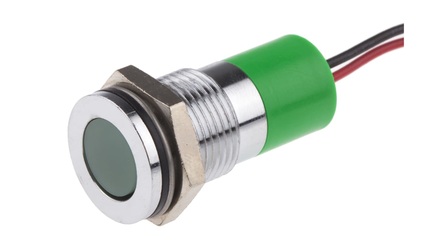 RS PRO Green Panel Mount Indicator, 12V dc, 14mm Mounting Hole Size, Lead Wires Termination, IP67