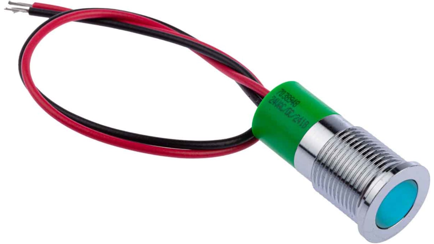 RS PRO Green Panel Mount Indicator, 24V dc, 14mm Mounting Hole Size, Lead Wires Termination, IP67