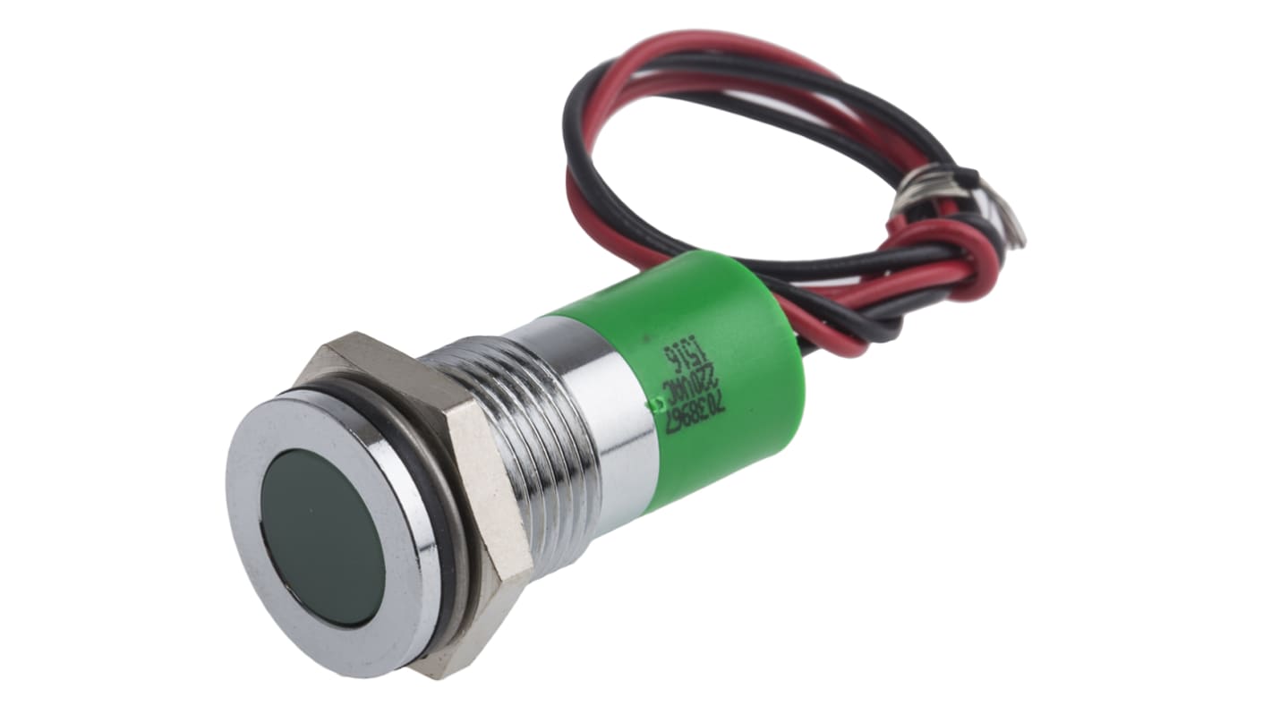 RS PRO Grøn Lysdiode Panelmonteret kontrollampe 14mm hulstr., Forsænket, Ledninger, 220V ac, Krom frontramme IP67