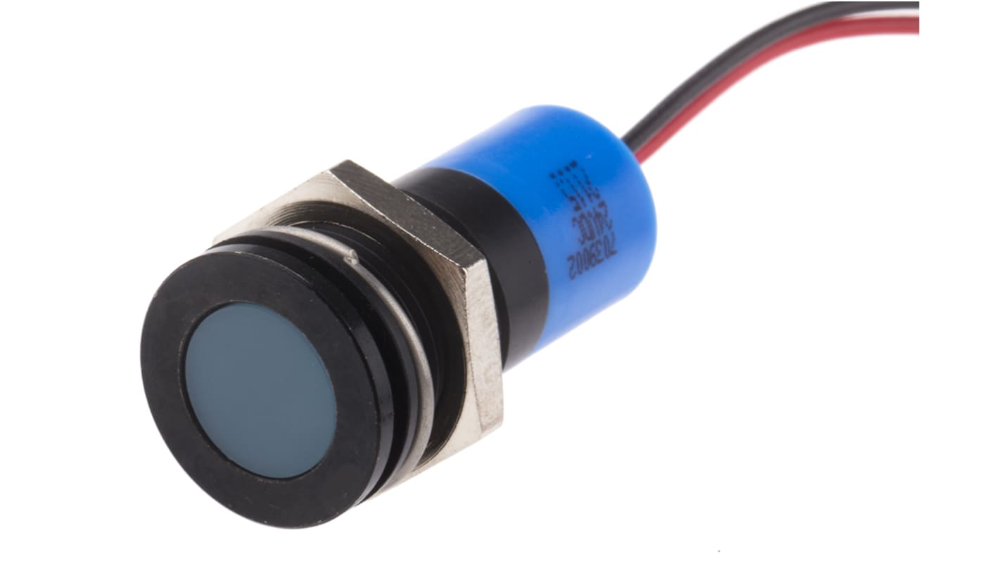 RS PRO Blue Panel Mount Indicator, 24V dc, 14mm Mounting Hole Size, Lead Wires Termination, IP67