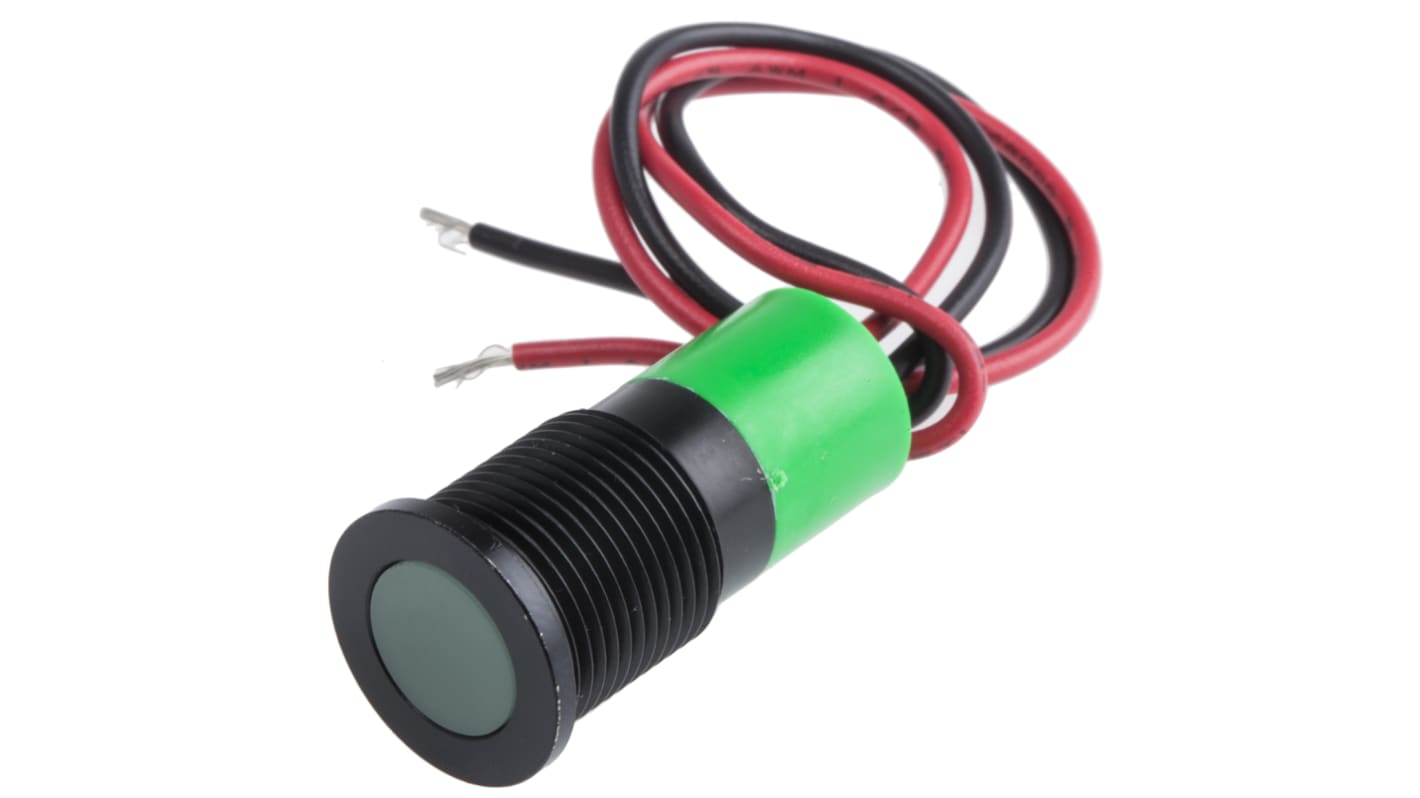 RS PRO Green Panel Mount Indicator, 24V dc, 14mm Mounting Hole Size, Lead Wires Termination, IP67