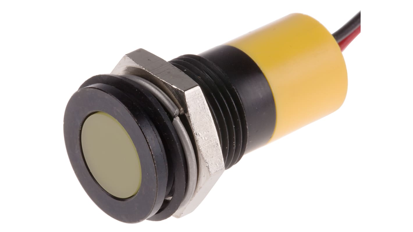 RS PRO Yellow Indicator, 220V ac, 14mm Mounting Hole Size, Lead Wires Termination, IP67