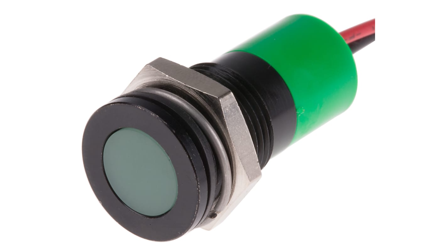 RS PRO Green Panel Mount Indicator, 6 → 36V dc, 14mm Mounting Hole Size, Lead Wires Termination, IP67