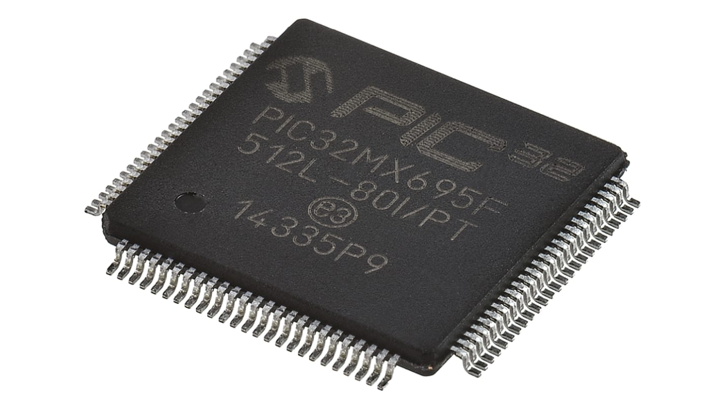 Microchip PIC32MX单片机, PIC内核, 100针, TQFP, 最大80MHz, 12 kB, 512 kB 闪存, 128 kB RAM