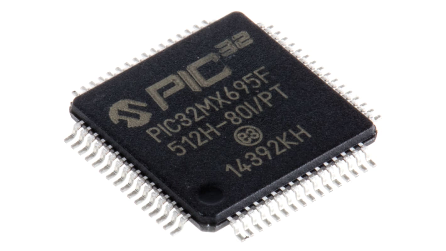 Microchip PIC32MX695F512H-80I/PT, 32bit PIC Microcontroller, PIC32MX, 80MHz, 12 kB, 512 kB Flash, 64-Pin TQFP