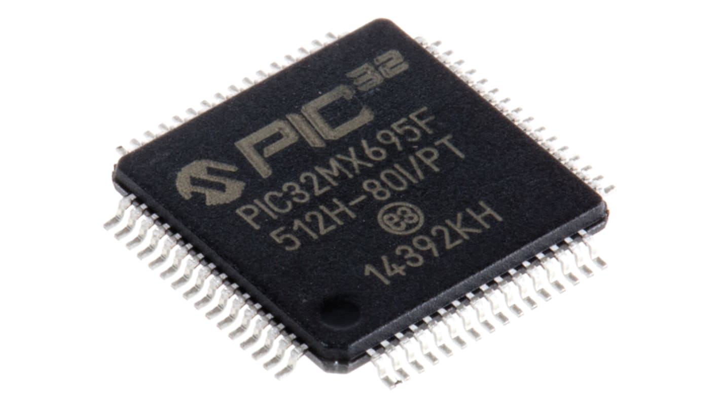 Microchip PIC32MX单片机, PIC内核, 64针, TQFP, 最大80MHz, 12 kB, 512 kB 闪存, 128 kB RAM