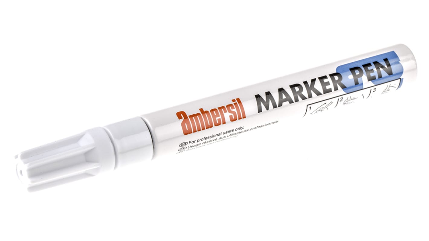 Ambersil White 3mm Medium Tip Paint Marker Pen for use with Cardboard, Glass, Metal, Paper, Plastic, Rubber, Textiles,