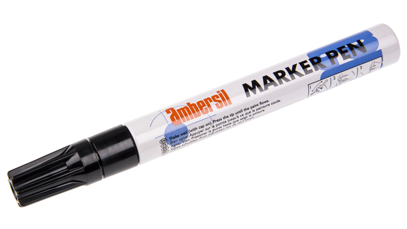 Ambersil Black 3mm Medium Tip Paint Marker Pen for use with Cardboard, Glass, Metal, Paper, Plastic, Rubber, Textiles,