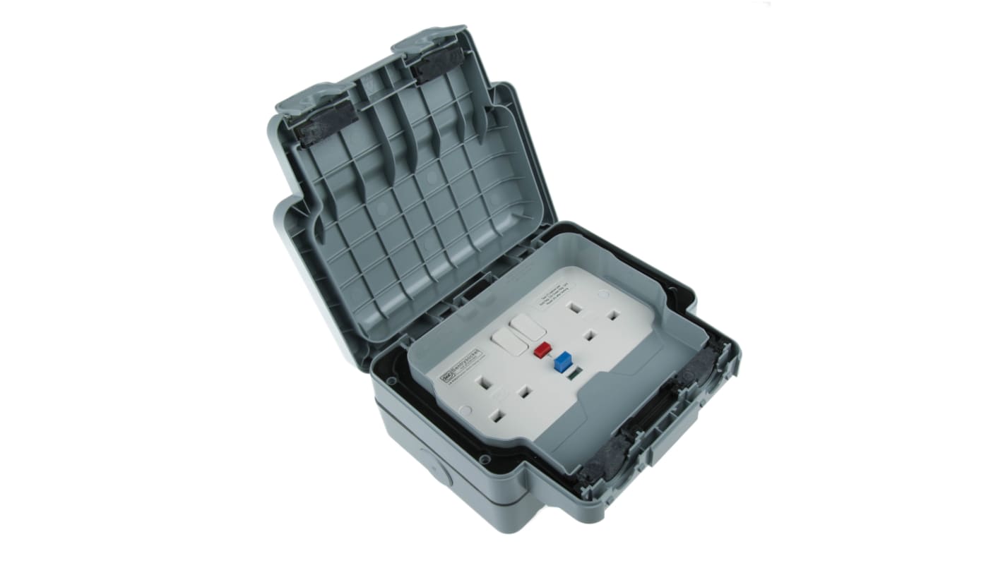 MK Electric Masterseal plus 13A, BS Fixing, Active, 2 Gang RCD Socket, Polycarbonate, IP66, Grey