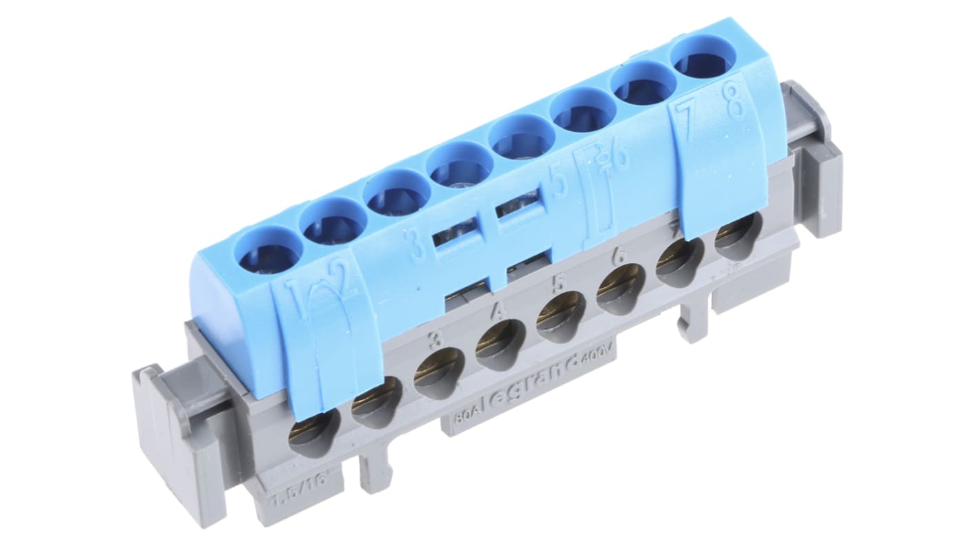 Legrand Distribution Block, 8 Way, 1.5 → 16mm², 80A, 400 V ac, Blue