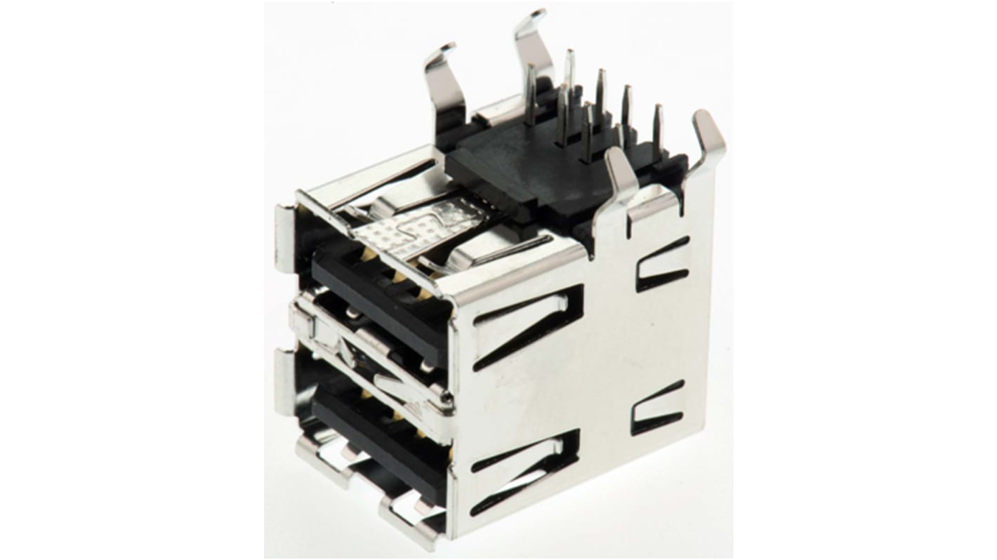TE Connectivity Right Angle, Through Hole, Socket- Dual Port Type A 2.0 USB Connector