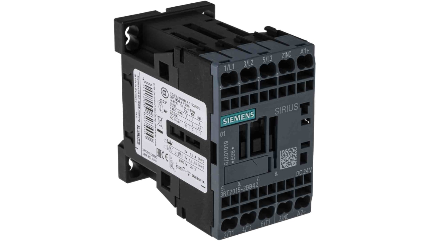 Contattore Contattore di potenza Siemens, serie 3RT2, 3 poli, 3 NA, 7 A, 3 kW, bobina 24 V c.c.