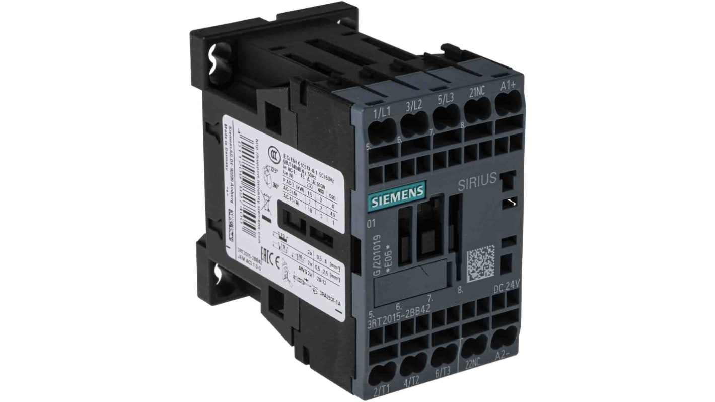 Siemens SIRIUS 3RT2 Contactor, 24 V dc Coil, 3-Pole, 7 A, 3 kW, 3NO, 400 V ac