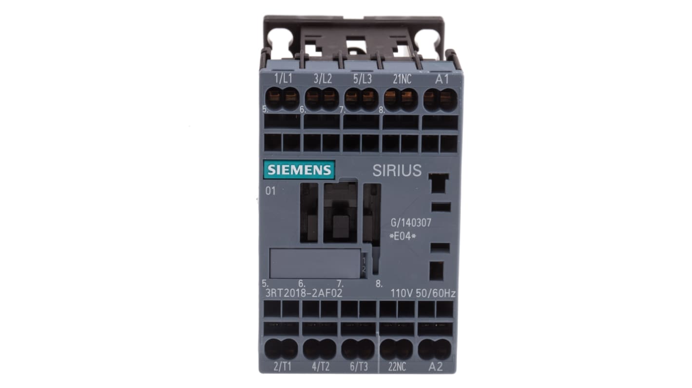 Siemens SIRIUS 3RT Size S00, 3RT2 Contactor, 110 V ac Coil, 3-Pole, 16 A, 7.5 kW, 3NO, 400 V ac