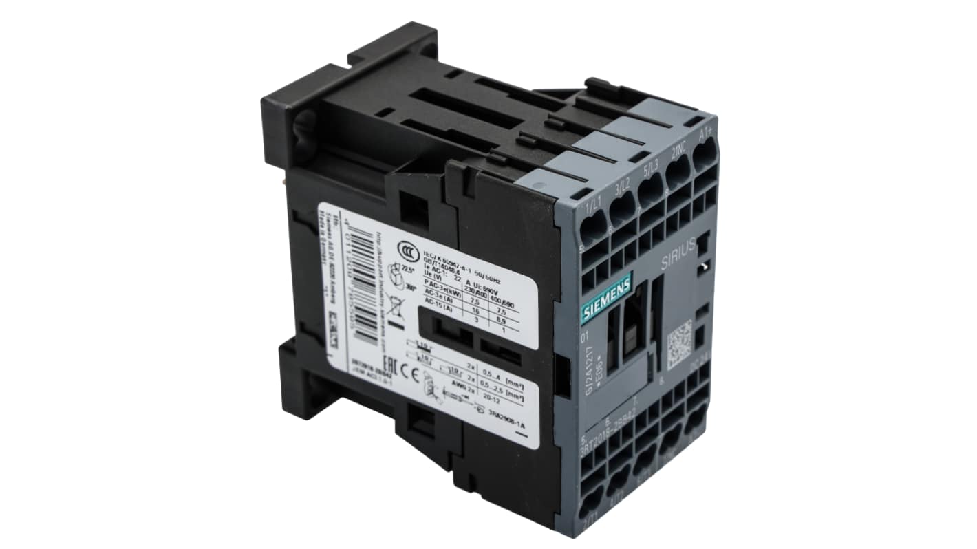 Siemens SIRIUS 3RT Size S00, 3RT2 Contactor, 24 V dc Coil, 3-Pole, 16 A, 7.5 kW, 3NO, 400 V ac