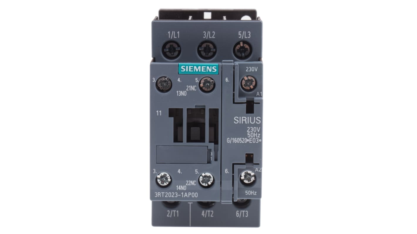 Siemens SIRIUS 3RT2 Contactor, 230 V ac Coil, 3-Pole, 9 A, 4 kW, 3NO, 400 V ac