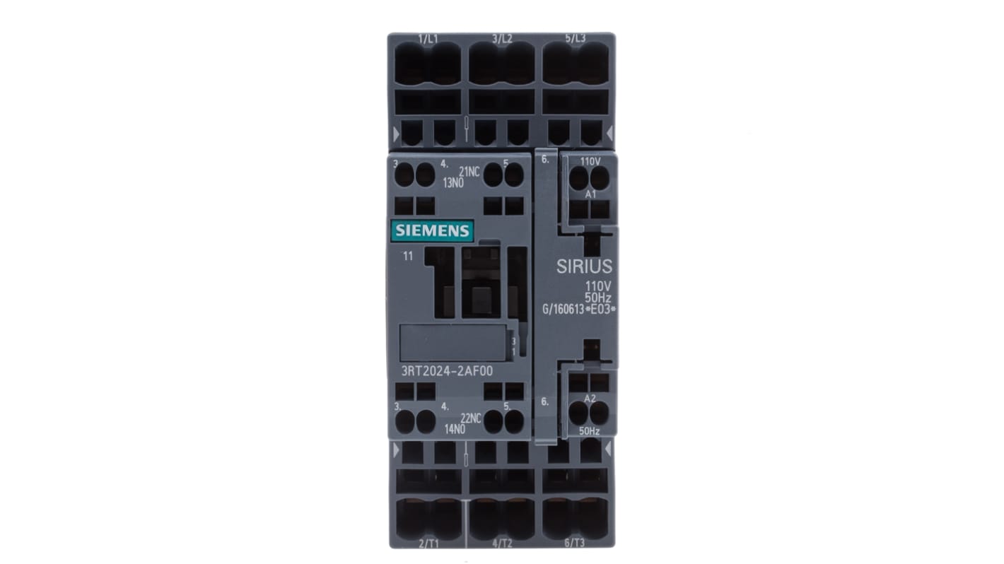 Siemens SIRIUS 3RT2 Leistungsschütz 110 V ac-Spule, 3 -polig , 400 V ac / 12 A 5,5 kW 3 Schließer 2-Hilfskontakte