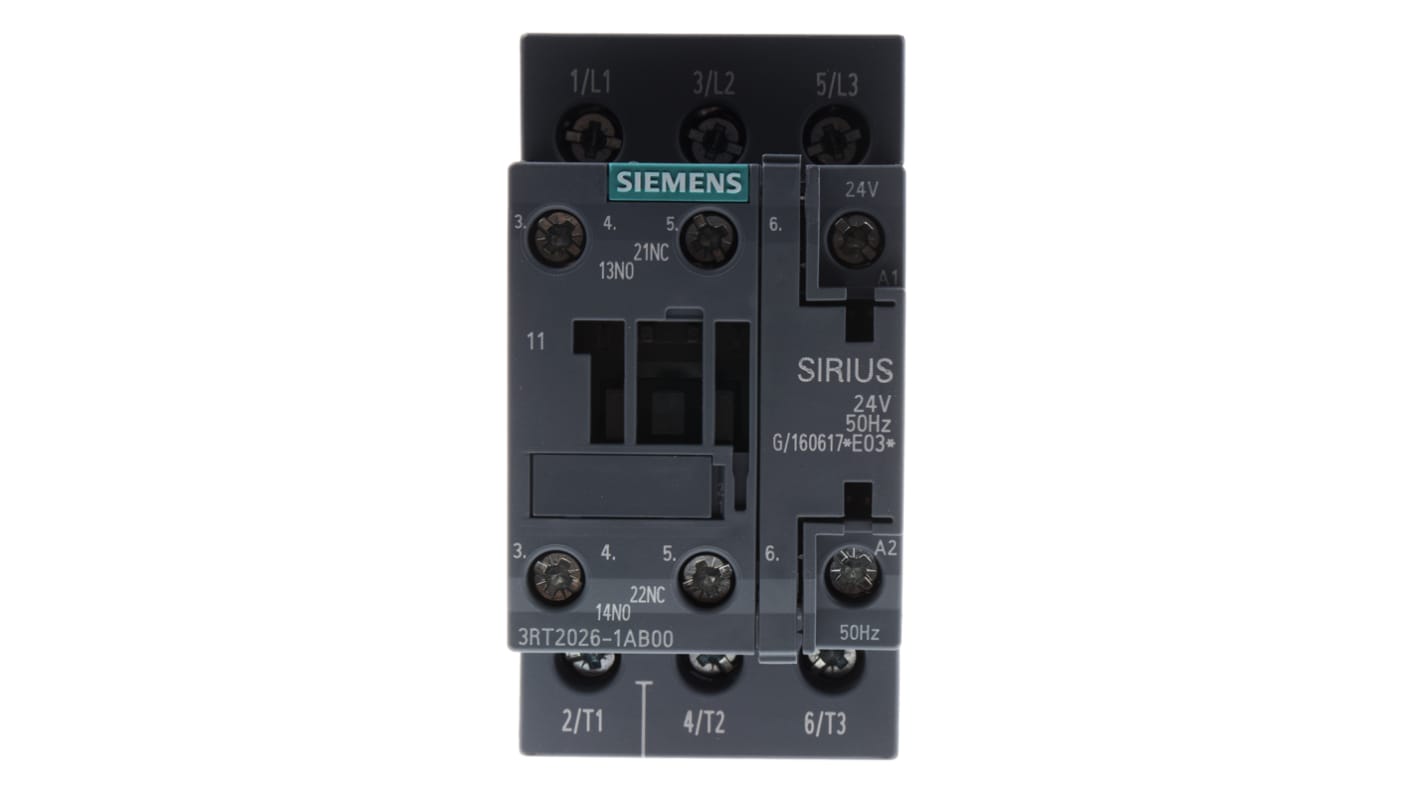 Siemens SIRIUS 3RT2 Contactor, 24 V ac Coil, 3-Pole, 25 A, 11 kW, 3NO, 400 V ac