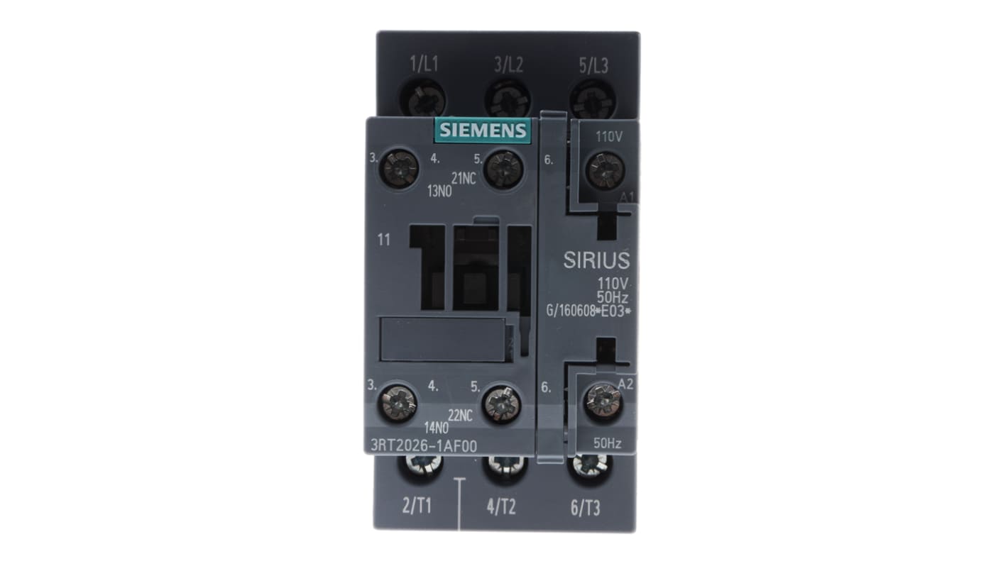 Siemens SIRIUS 3RT Size S0, 3RT2 Contactor, 110 V ac Coil, 3-Pole, 25 A, 11 kW, 3NO, 400 V ac