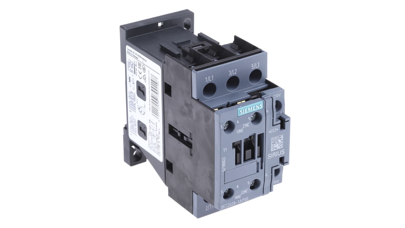 Contattore Siemens, serie 3RT2, 3 poli, 3 NA, 25 A, 11 kW, bobina 230 V c.a.