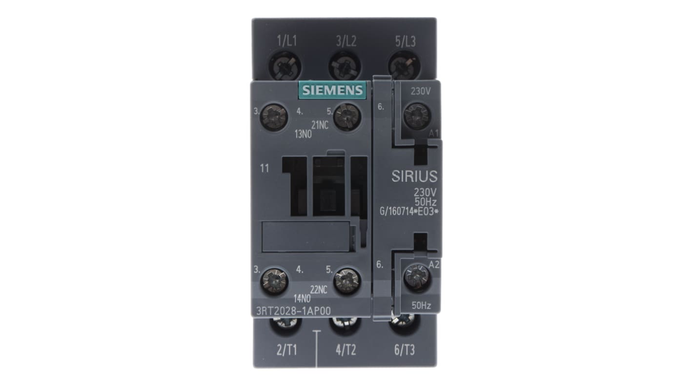 Siemens SIRIUS 3RT2 Contactor, 230 V ac Coil, 3-Pole, 38 A, 18.5 kW, 3NO, 400 V ac