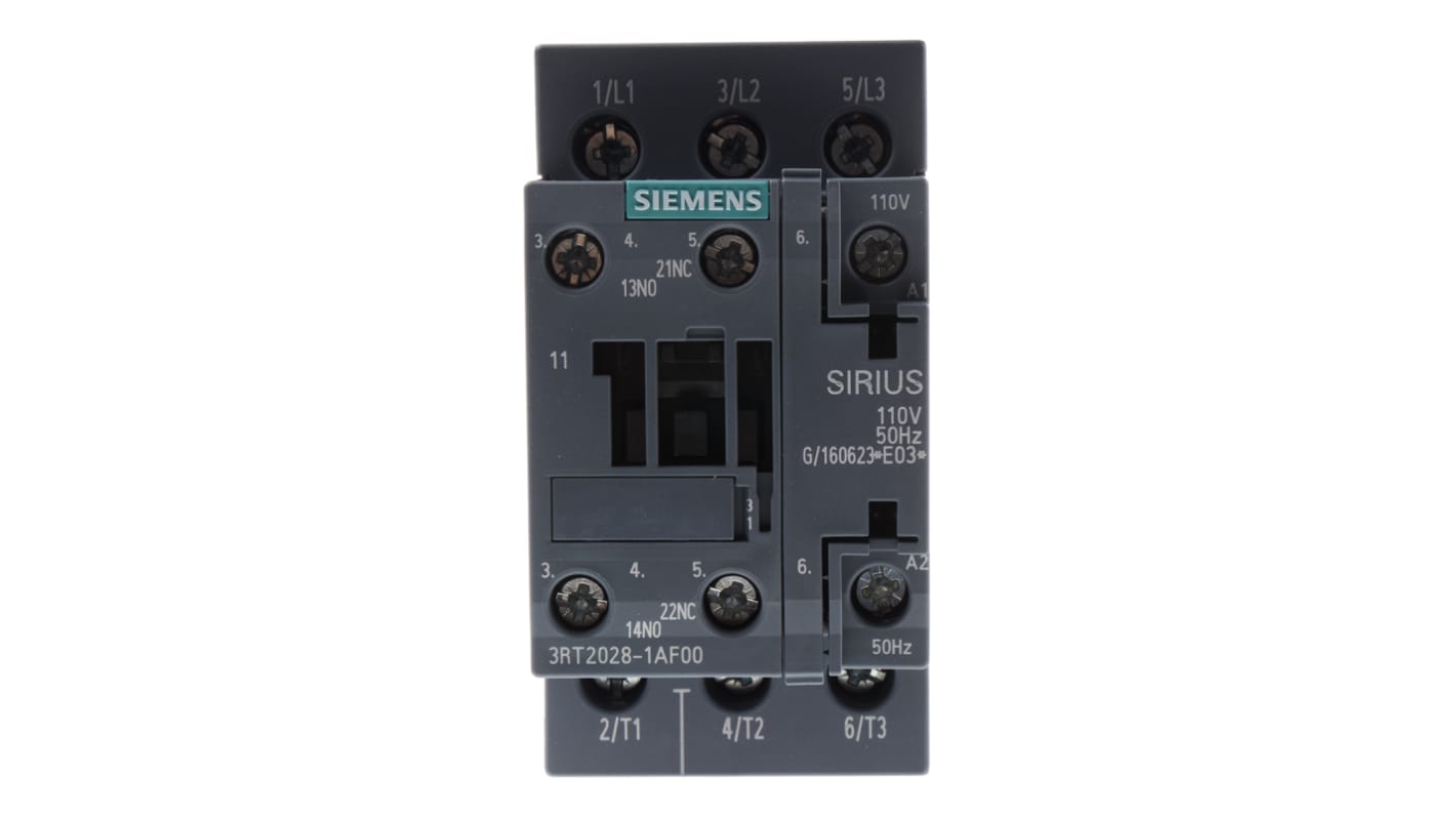 Siemens SIRIUS 3RT2 Leistungsschütz 110 V ac-Spule, 3 -polig , 400 V ac / 38 A 18,5 kW 3 Schließer 2-Hilfskontakte
