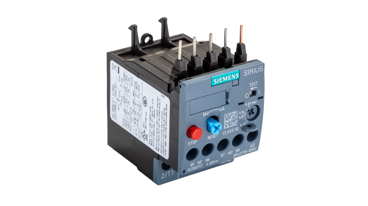 Siemens SIRIUS 3RU2 Thermal Overload Relay 1NO + 1NC, 0.28 → 0.4 A F.L.C, 400 mA Contact Rating, 90 W, 3P, SIRIUS