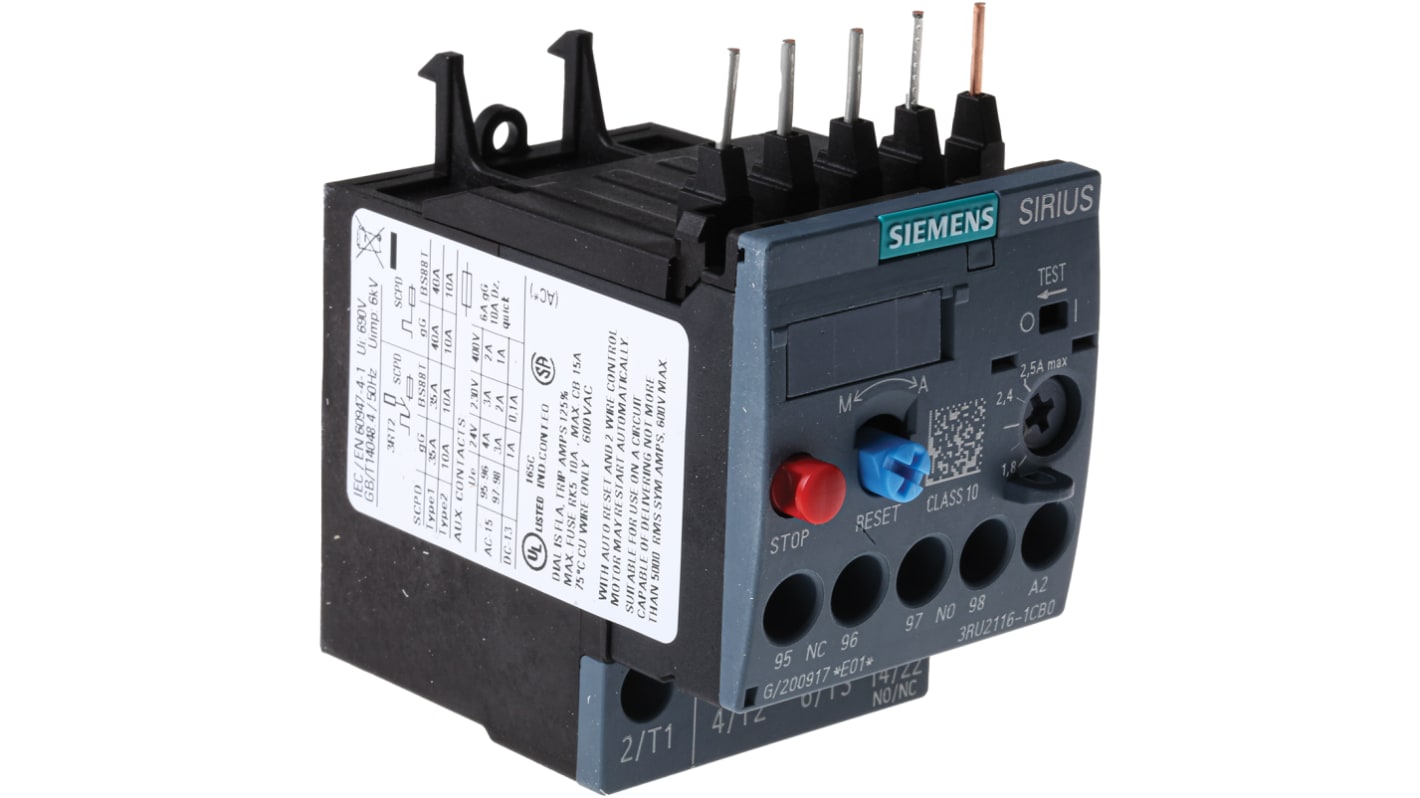 Siemens SIRIUS 3RU2 Thermal Overload Relay 1NO + 1NC, 1.8 → 2.5 A F.L.C, 2.5 A Contact Rating, 0.75 kW, 3P,