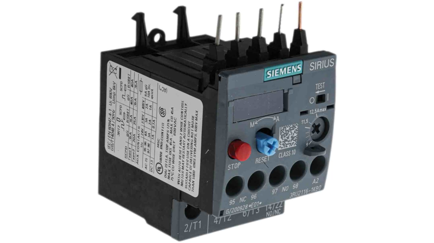 Siemens SIRIUS 3RU2 Thermal Overload Relay 1NO + 1NC, 9 → 12.5 A F.L.C, 12.5 A Contact Rating, 5.5 kW, 3P, SIRIUS