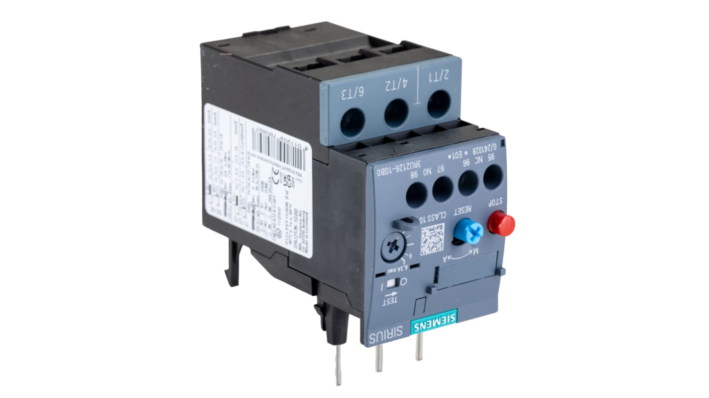 Siemens SIRIUS 3RU2 Thermal Overload Relay 1NO + 1NC, 4.5 → 6.3 A F.L.C, 6.3 A Contact Rating, 4 kW, 3P, SIRIUS