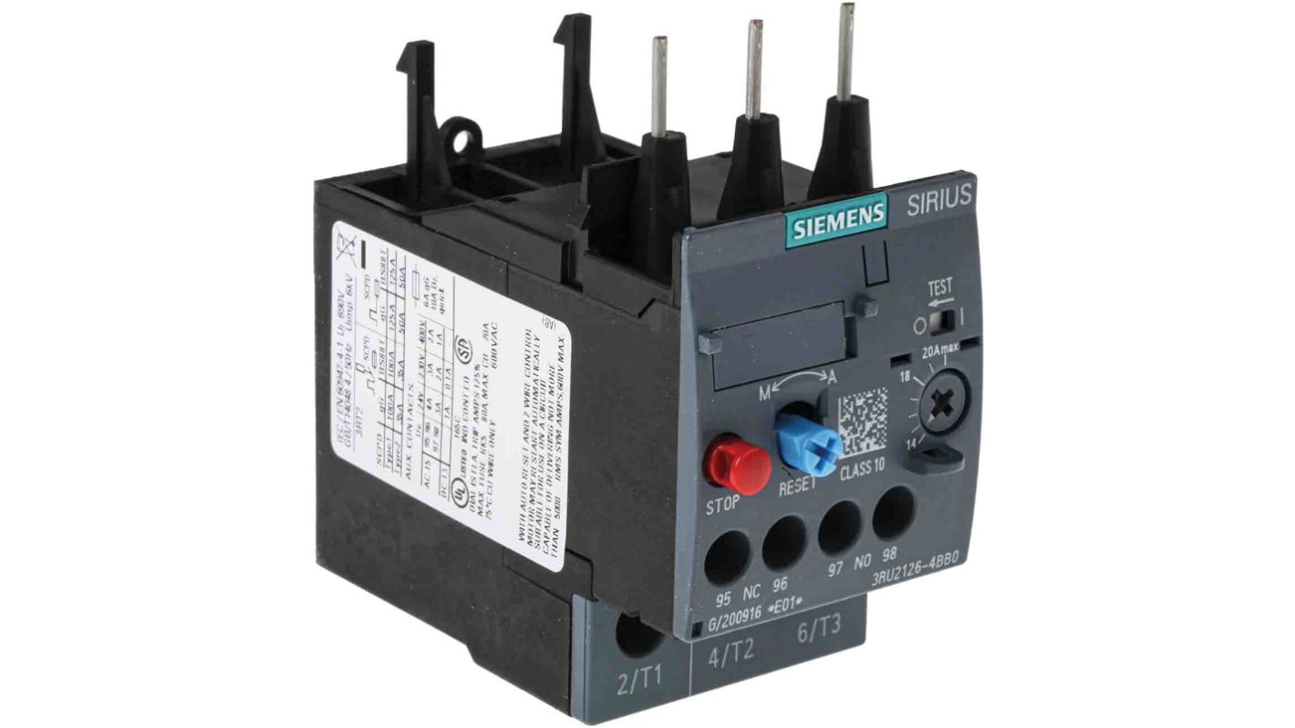 Siemens SIRIUS 3RU2 Thermal Overload Relay 1NO + 1NC, 14 → 20 A F.L.C, 20 A Contact Rating, 7.5 kW, 3P, SIRIUS