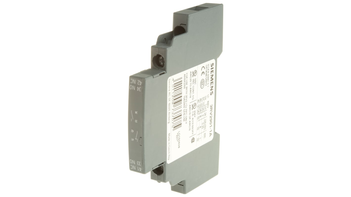 Siemens 辅助触点, 2个触点, 1 常闭 + 1 常开, 2 A 直流、10 A 交流, 250 V 直流、690 V 交流, 插入式安装, 螺钉接端, 3RV2系列