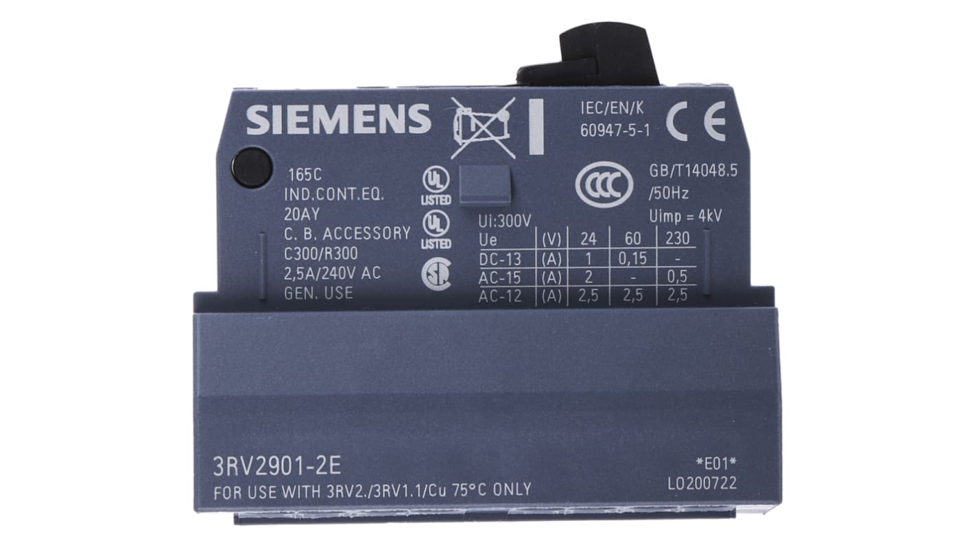Siemens 辅助触点, 2个触点, 1 常闭 + 1 常开, 1 A 直流、2.5 A 交流, 60 V 直流，230 V 交流, 插入式安装, 笼式弹簧夹接端