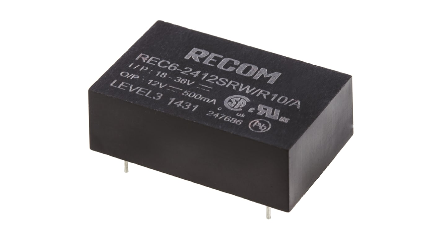 Recom REC6 DC/DC-Wandler 6W 24 V dc IN, 12V dc OUT / 500mA Durchsteckmontage 10kV dc isoliert