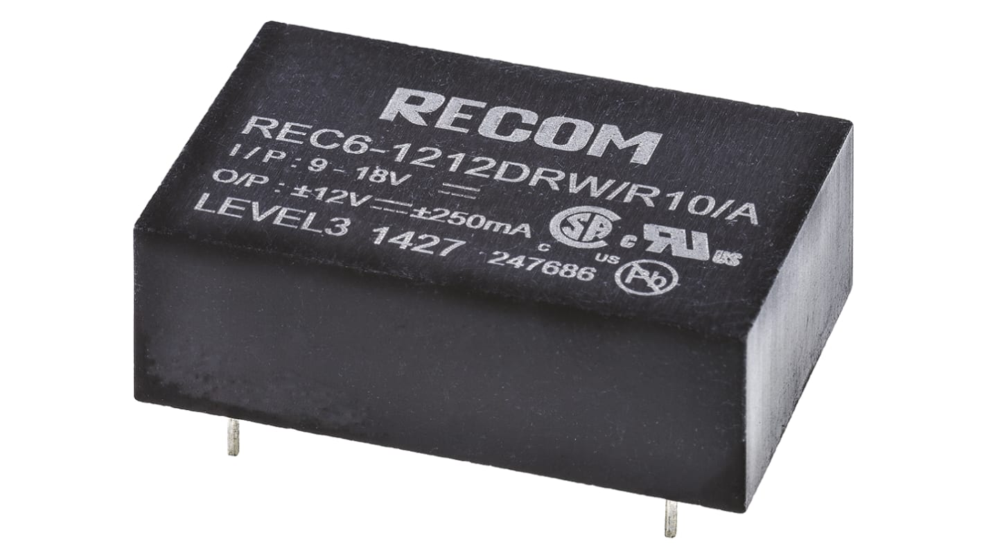 Recom REC6 DC-DC Converter, ±12V dc/ ±250mA Output, 9 → 18 V dc Input, 6W, Through Hole, +75°C Max Temp -40°C