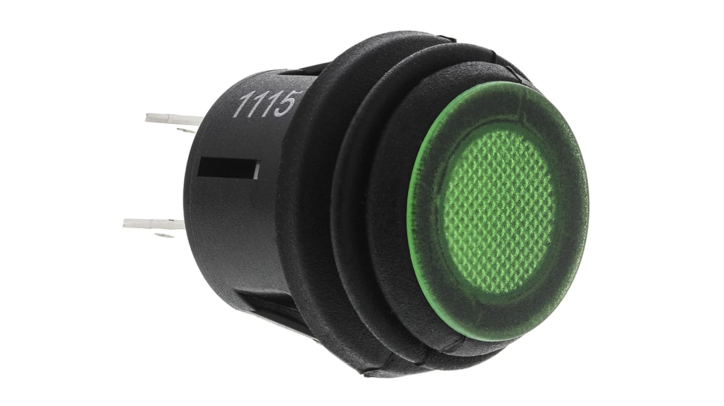 ZF Illuminated Push Button Switch, Latching, Panel Mount, 20.2mm Cutout, DPST, Green LED, 125V ac, IP65