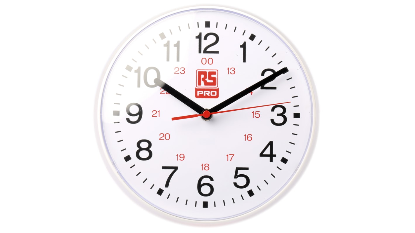 RS PRO 模拟时钟, 白色挂钟, 塑料外壳, 215mm, 1粒AA电池供电