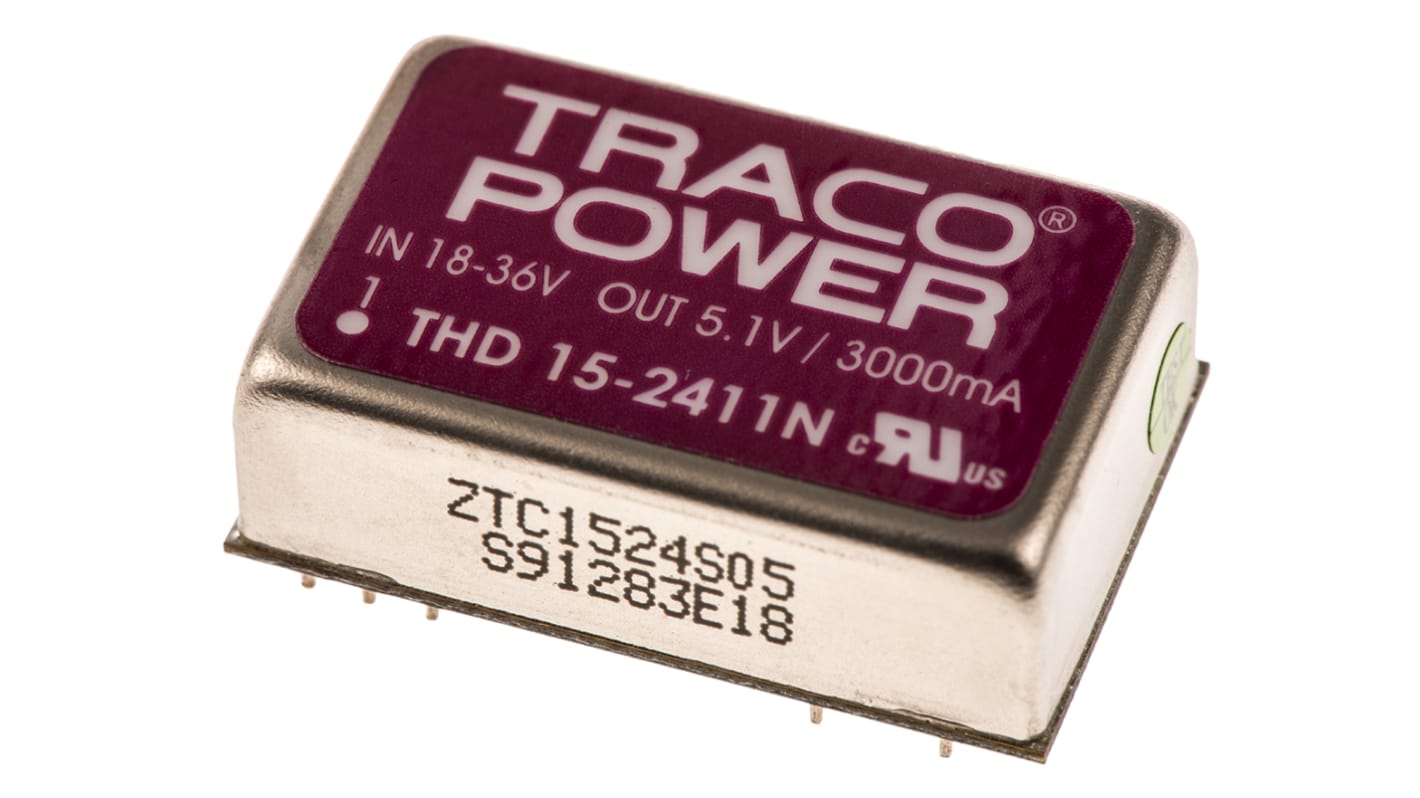 TRACOPOWER THD 15N DC-DC Converter, 5V dc/ 3A Output, 18 → 36 V dc Input, 15W, Through Hole, +85°C Max Temp