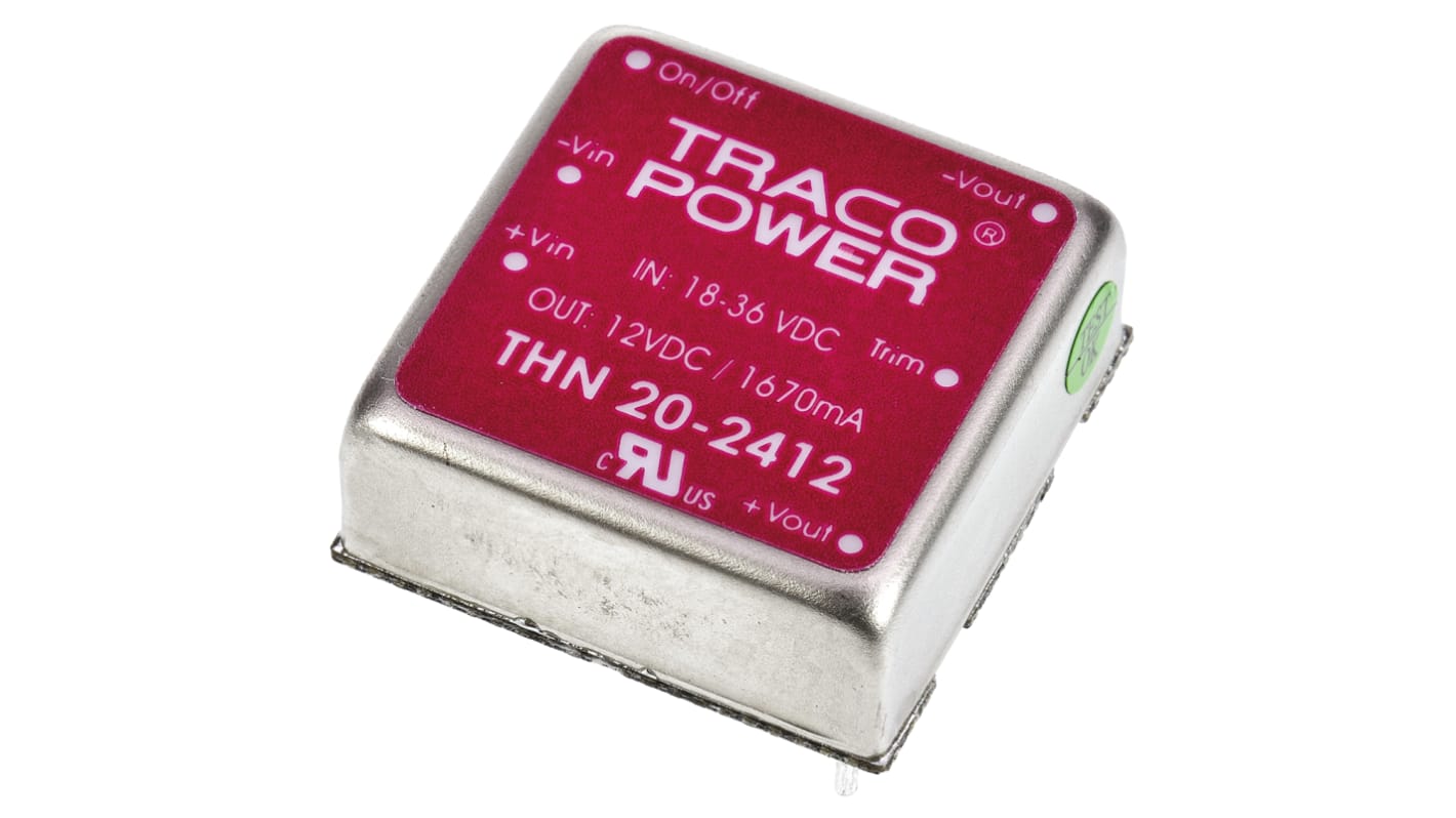 TRACOPOWER THN 20 DC-DC Converter, 12V dc/ 1.67A Output, 18 → 36 V dc Input, 20W, Through Hole, +85°C Max Temp