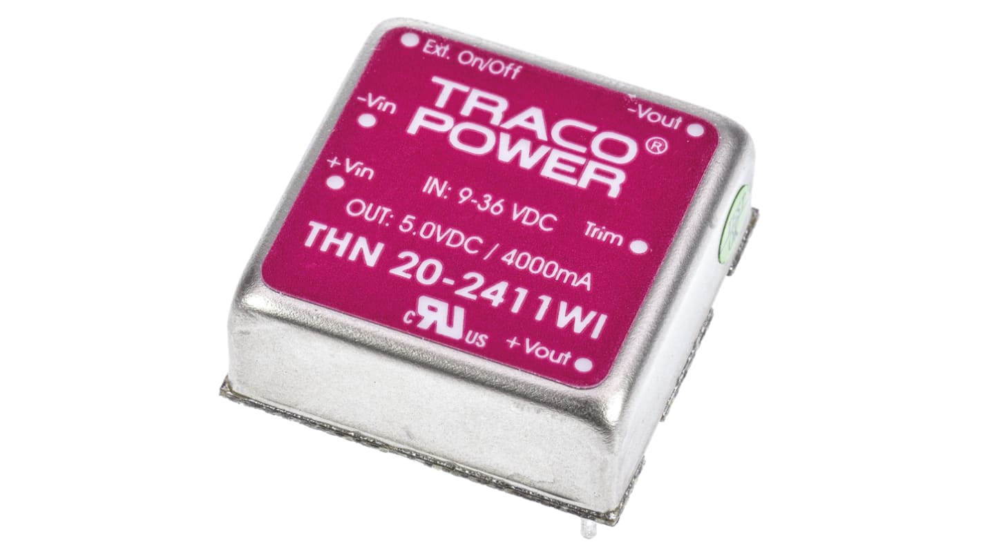 TRACOPOWER THN 20WI DC-DC Converter, 5V dc/ 4A Output, 9 → 36 V dc Input, 20W, Through Hole, +85°C Max Temp